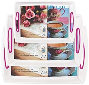 InddusHomeServing Tray Set with Rectangular Shape, Printed Design, Natural, Pack of 3 Tray Set - Large, Medium, Small (Pink)