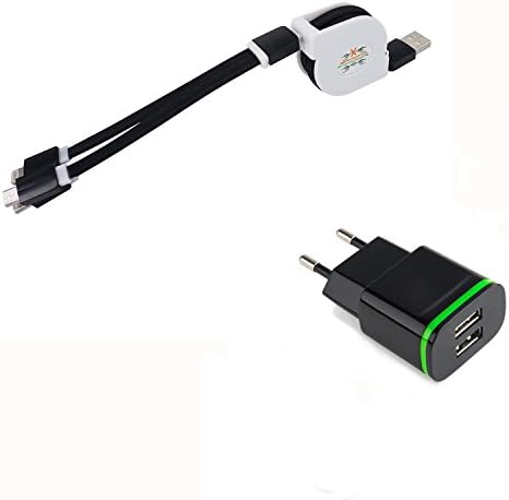 QKILL 2 .1A Led Light EU USB Wall Charger+ 3 in 1 Retractable Charging Cable For Iphone 7 Plus 6 Samsung Galaxy S7 s8 Plus LG G5 EU Plug Usb Charger EU Iphone Wall Charger (Black)
