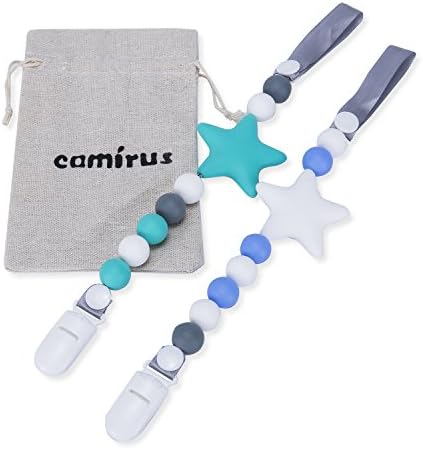 Teether Pacifier Clip, 2 Pack Silicone Pacifier Holder, Unisex Star BPA Free Pacifier Leash Teething Toy with Storage Bag for Boys and Girls Gift Set