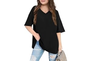 HALOUMONING Girls Short Sleeve Oversized T Shirts Summer V Neck Casual Loose Tees Shirt Tops 3-14 Years