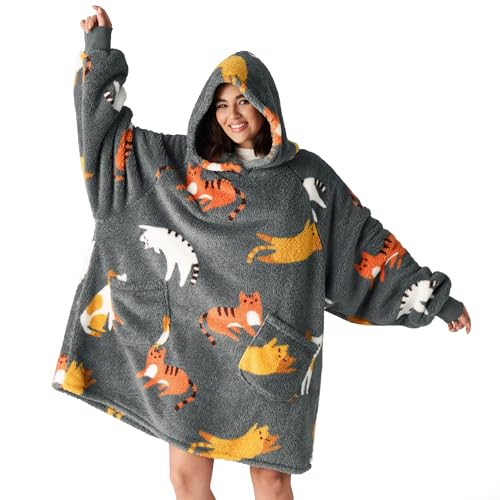 BEDSURE Hoodie Decke mit Ärmeln Geschenke Dunkelgrau - 95x85 Katze