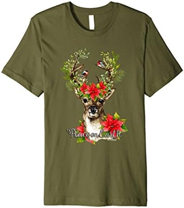 Mens KD Christmas Holiday Poinsettia Peace Deer Seasonal Forest T 2XL Olive