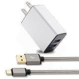 Power-7 Dual USB Wall Charger Adapter (2.1A/5V) with 6ft Braided Micro USB Cord Charging Kit for Samsung S7/S6/Edge, Note 4/5, Moto, LG, HTC, Tablet, Android Phone More, (Black)