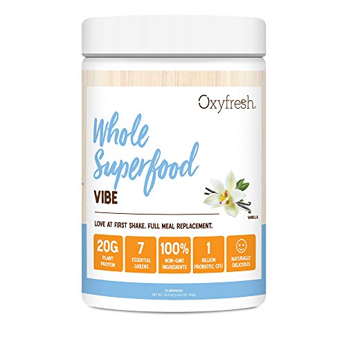 Vegan Protein & Plant Based Meal Replacement Shake - Pea Protein - Probiotic - Full Serving of Greens - Non GMO - 15 Servings - Oxyfresh Vibe Vanilla