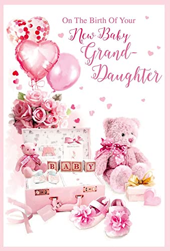 Greetings New Baby Granddaughter Greetings Card Pink Balloons Teddy Glitter 7.5x5.2