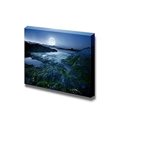 Canvas Prints Wall Art - Full Moon Over The Coast in Cornwall, UK | Modern Wall Decor/Home Decoration Stretched Gallery Canvas Wrap Giclee Print. Ready to Hang - 12" x 18"