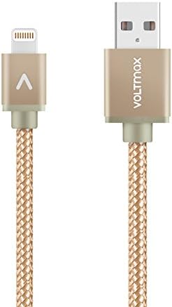 Apple MFi certified Lightning Cable, Voltmax Nylon-braided iPhone charger with reinforced aramid fiber for iPhoneX, iPhone 8/8Plus, iPad, Air pods&amp;more(Gold-3ft)