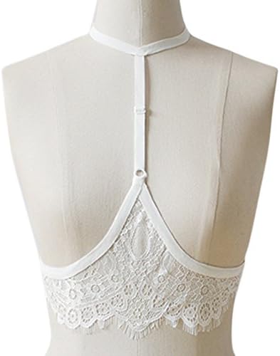 Hengguang Women's Sexy Lace Floral Hollow Out Halter Harness Strappy Body Caged Bra White S