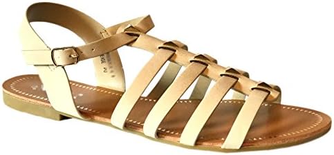 New Womens Strappy Roman Gladiator Sandals Flats T Strap Thongs Shoes (8.5, BeigeMsGide9)