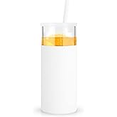 Tronco 20 oz Glass Tumbler With Lids and Straws, Reusable Smoothie Cups With Silicone Lid, Iced Coffee Cup With Silicone Protective Sleeve, Dishwasher Safe- BPA Free（White 1 Count）