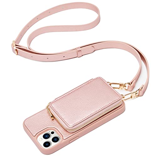 ZVE for iPhone 13 Pro Crossbody Wallet Case, Zipper Phone Case with RFID Blocking Card Holder Wrist Strap Purse Cover for Women Compatible with iPhone 13 Pro (6.1 inch, 2021)- Rose Gold