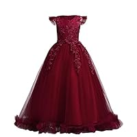 Big Little Girl Princess Embroidery Flower Lace Long A Line Pageant Dress Kids Floor Length Prom First Holy Communion Bowknot Dress Puffy Tulle Maxi Ball Gown for Wedding Party Birthday Red 7-8