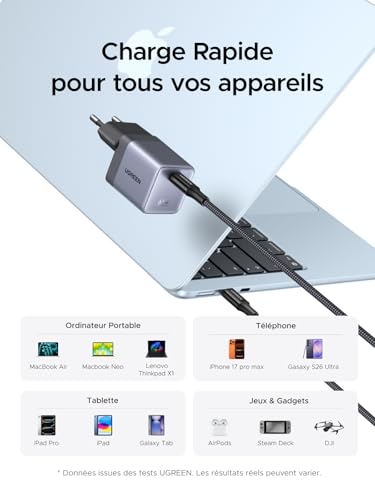 UGREEN Nexode Air 65W Chargeur USB C Rapide GaNInfinity avec Câble Compatible avec iPhone 17 Pro Max 16 Plus 15 14 13 12 Galaxy S26 S25 S24 Pixel 10 9 iPad MacBook Neo Air Pro M5 M4 M3 M2 M1 (Gris)