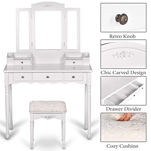 Vanity Stool Set,Make Up Table with 5 Drawers,Tri-Folding 3 Mirrors,Cushioned Stool Easy Assemble White - Thumbnail 2
