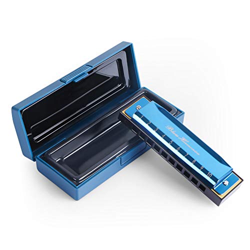 Blues Harmonica with Black Case (Blue), 10 Holes, 20 Tones, Key of C Blues Harmonica Stainless Steel, Suitable for Beginners and Professionals Players, Best Gift for Kids, Students, Friends