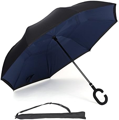 UnaMela Inverted Umbrella, Double Layer Windproof Stand-self Big Straight Reverse Folding Umbrella with C Shape Handle Carrying Bag for Outdoor and Car Use(Navy blue)