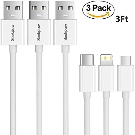 Micro USB+ Lightning+Type C Cables Combo Packing [3pcs 3.3ft] USB C Fast Charging Cable for iPhone 8 8 plus/7 7 plus/ 6 6s Plus/iPad/MacBook/Galaxy S8 Plus/LG V20/Huawei Mate 9 – White