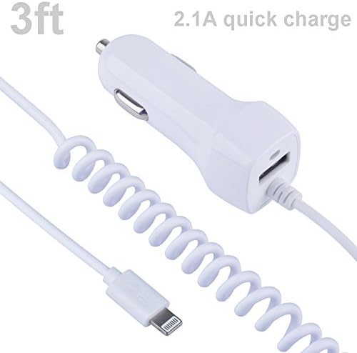 SKYSON Retractable iPhone 8 iPhone 8 Plus iPhone X Car Charger with Lightning Cable and Built-in USB Port Quick Charge 2.1A