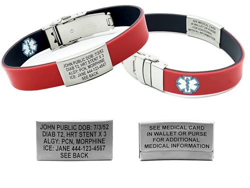 Medical Alert Bracelet for Men & Women – Slim Reversible Silicone ID Band, Customizable Engraved with Star of Life Symbol, Personal Health Record Access (PHR), Emergency Medical Card – Black/Red