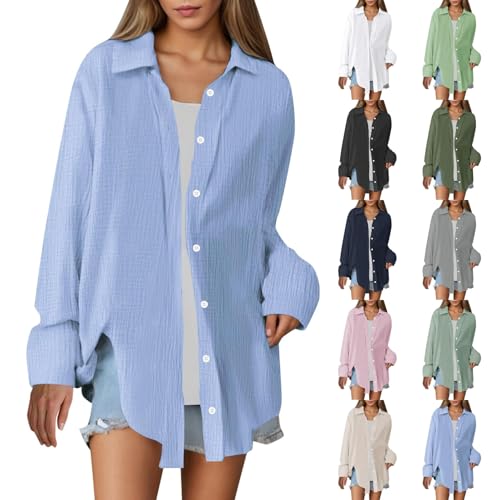 Yowablo Bluse Damen Oversized Hemdbluse Longbluse Langarm Oberteile Hemd Bluse Langarmshirt Tuniken Farbe Blau gr XXL