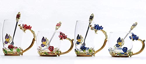 Glass Mug Set Lead-Free Handmade Enamel Butterfly and Blue Rose Flower Tea Cups with Handle, Unique Personalized Birthday Present Ideas for Women Mother Grandma Teachers Coffee (Blue-Tall)