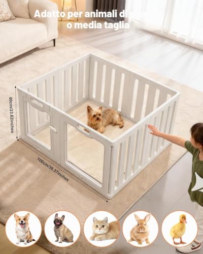 Indoor Dog Fence Acrylic 100×60cm, 8 Panels Folding Dog Fence, DIY for Small Medium Dogs, Cats and Rabbits, Plastic Fence for Indoor Use, White