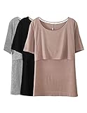 Smallshow 3 Pcs Maternity Nursing T-Shirt Modal Short Sleeve Nursing Tops Brown-Black-Grey,Large