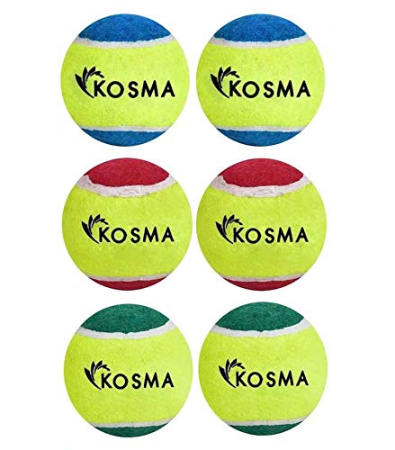 Kosma Pack of 6 Tennis Ball | Training Ball for Dogs, Super Bounce, Perfect for Begginer Cricket Training Practice | Cricket Balls (Colour: 2Pc Red/Yellow, 2Pc Yellow/Blue, 2Pc Yellow/Green)