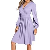 Dokotoo Womens 2026 Spring Summer Wrap V-Neck Long Sleeve Empire Waist Dress Elegant Mini Dresses with Pockets