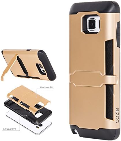 Galaxy Note 5, Dual-layer Heavy Duty Matte Rugged Protective Cover with Built in Foldable Kickstand ID Credit Card Slot Holder for Samsung Galaxy Note 5 by Cazle (Gold)