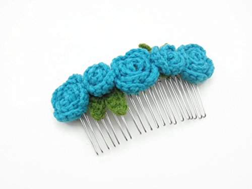 Hair Comb Slides Clip Girl Accessories Crochet Flower Roses Light Blue