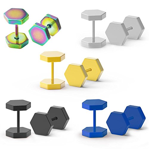 Feramox Stainless Steel Mens Womens Stud Earrings Set Ear Piercing Plugs Tunnel Punk Style(Hexagon 7MM) - Thumbnail 7