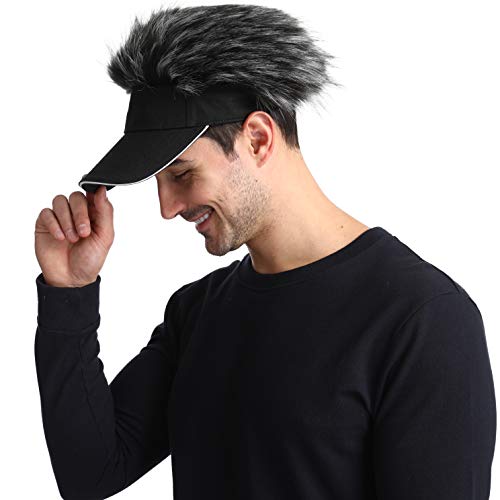 Men\'s Novelty Flair Spiked Hair Visor Sun Funny Golf Hats Fake Wig Peaked Adjustable Baseball Caps