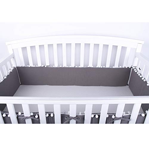 LOAOL Baby Crib Bumper Pads with Pom Pom Breathable Washable Padded Crib Liner Nursery Toddler Decor (Gray) - Thumbnail 2