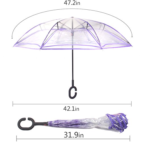 WASING Double Layer Inverted Umbrella Cars Reverse Umbrella, Windproof UV Protection Big Straight Umbrella for Car Rain Outdoor with C-Shaped Handle (Transparent Purple)