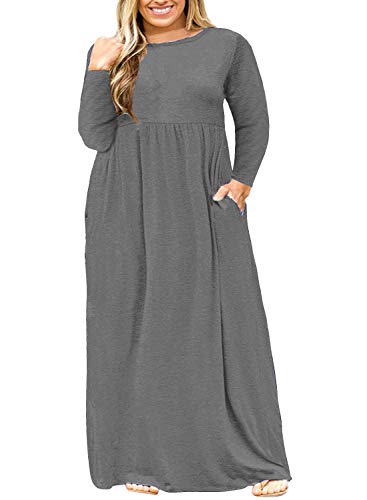 Nemidor Women Long Sleeve Loose Plain Casual Plus Size Long Maxi Dress with Pockets (Grey+Sleeve, 18W)