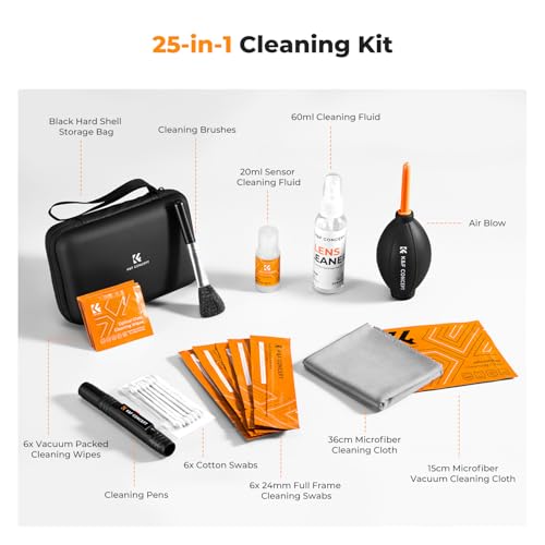 K&F CONCEPT 25 in 1 Camera Cleaning Kit with Pen, Blower, Cleaning Cloth, Liquid, 24MM Full Frame Sensor Cleaner, Brush for DSLR Camera Lens, Phone
