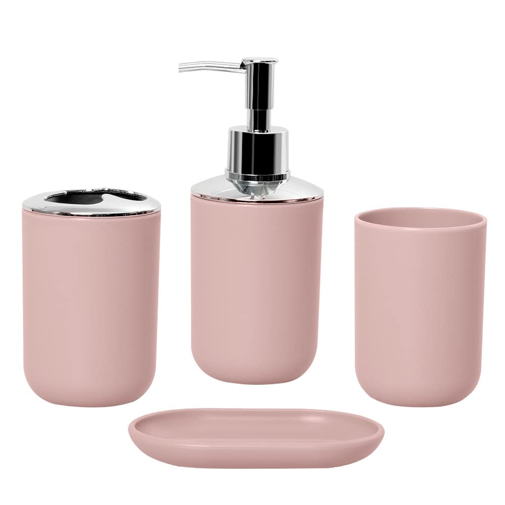 Hosoncovy 4 Pieces Bathroom Accessory Set with Soap Dispenser, Bathroom Cup, Soap Dish ，Toothbrush and Toothpaste Holder (Pink)