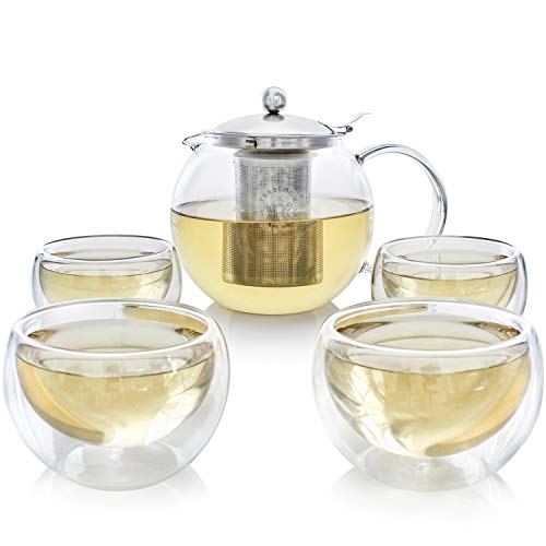 Teabloom Tea Set Stovetop Safe Glass Teapot (40 oz / 1200 ml) with