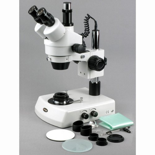AmScope SM-2T-DK Professional Trinocular Stereo Zoom Microscope, WH10x Eyepieces, 7X-45X Magnification, 0.7X-4.5X Zoom Objective, Upper and Lower Halogen Lighting, Pillar Stand, 110V-120V, Includes Darkfield Condenser