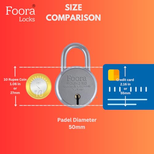 Foora Round 50mm Small Lock | Metal Body Padlock | Double Locking | 7 Steel Lever Mechanism | 5 Silver Keys with Keychain | Silver Finish | Lock for Home, Gate & Door | Made in India 1