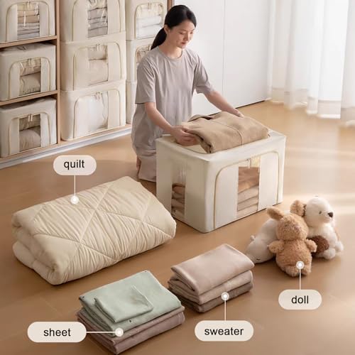 Ymlike 2 Pack Clothes Organizer Box Storage, Foldable Metal Frame Clothing Storing Bins with Double Visable Window, Large Capacity Cloth Container with Reinforced Handles, (66 L) (Cream Yellow)
