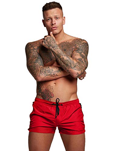 TONLEN Mens Swimwear Sports Shorts Swim Trunks with Zipper Pockets (US, Alpha, Medium, Regular, Regular, Bright Red)