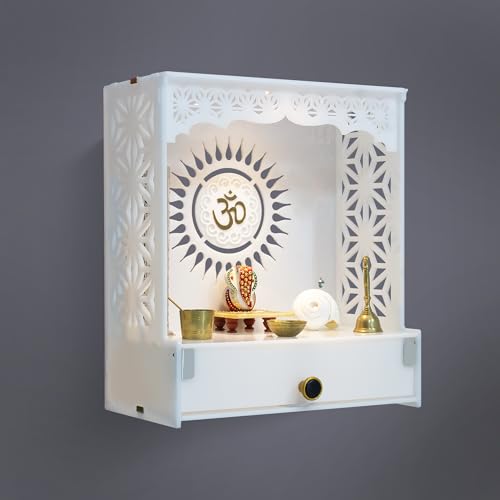 Heartily® Acrylic Shree Beautiful Pooja Stand for Home Mandir for Home Temple for Home and Office Puja Mandir for Home and Office Wall with LED Spot Light Product (H- 18, L- 16, W-8.75 Inch)