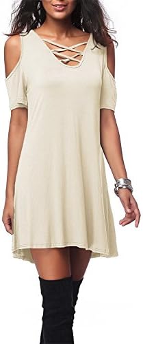 Unicorn Beast Pretty Women's Casual Short Sleeve Off Shoulder Cross V-neck Loose Dress BeigeX-Large