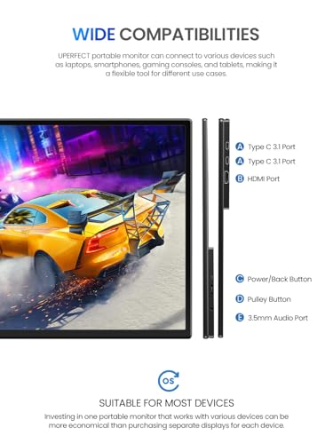 UPERFECT 21.5 Inch 120Hz QLED Touchscreen Portable Gaming Monitor 125% sRGB 2000:1 Contrast 1080P Large Display with 180° Integrated Mount USB-C HDMI for Laptop/PC/Game Console, VESA Compatible