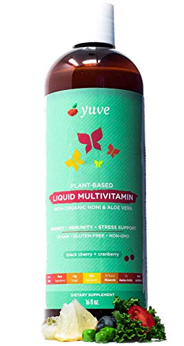 Yuve Vegan Liquid Daily Multivitamin - Vitamins A B C D3 E, Zinc, Biotin, Opti MSM, Minerals & Amino Acids Complex (BCAA) - Natural, Non-GMO, Paleo, Sugar & Gluten Free - Cherry & Cranberry - 16oz