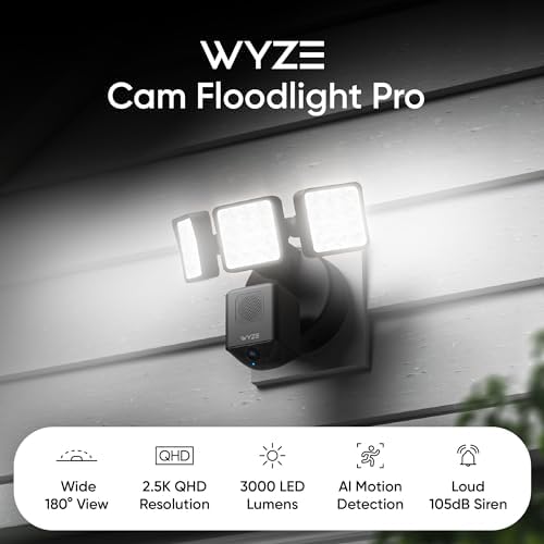 WYZE Floodlight Camera Pro, PCMag Editors' Choice 3000-Lumen LEDs, 2.5K HD Outdoor Security Camera, 180° Wide View, Color Night Vision, Works with Alexa & Google, Wired. Free Expert Setup