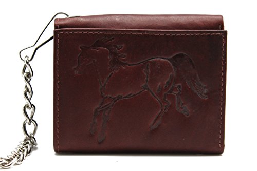 Horse Emboss Burgundy Leather Trucker Biker Tri-fold Chain Wallet in Box