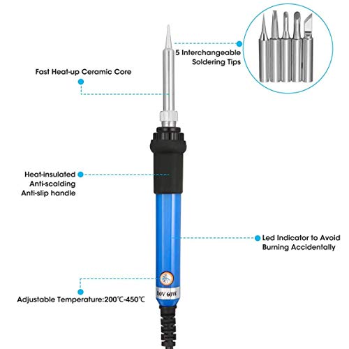 LIUMY 15 in 1 Soldering Iron Kit, 60W Adjustable Welding Iron︱Digital Multimeter︱5pcs Soldering Iron Tips︱Electrical Pen︱Double Screwdriver︱Soldering Station︱Wire Stripper Cutter︱Heat Shrink Tube
